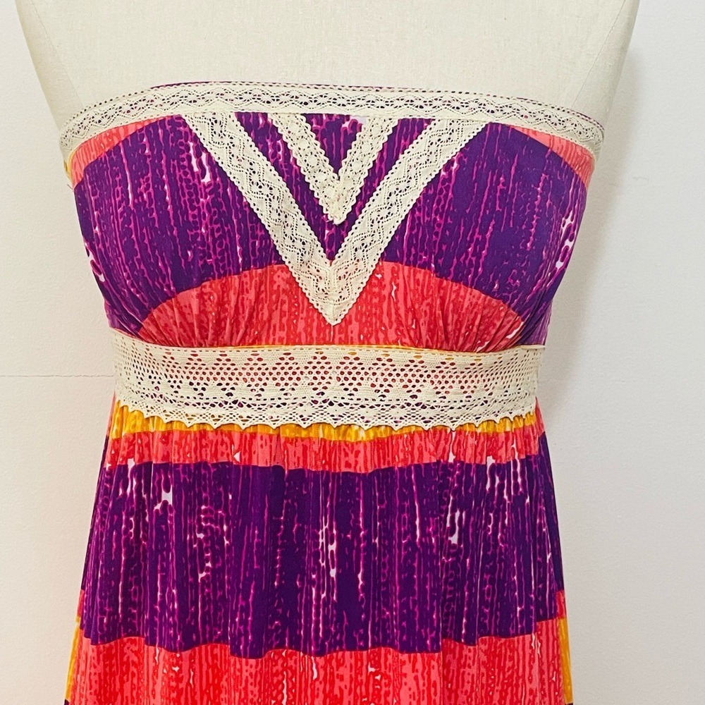 2B bebe Strapless Lace Trim Striped Maxi Dress Purple‎ Pink Orange Yellow S - Picture 3 of 6